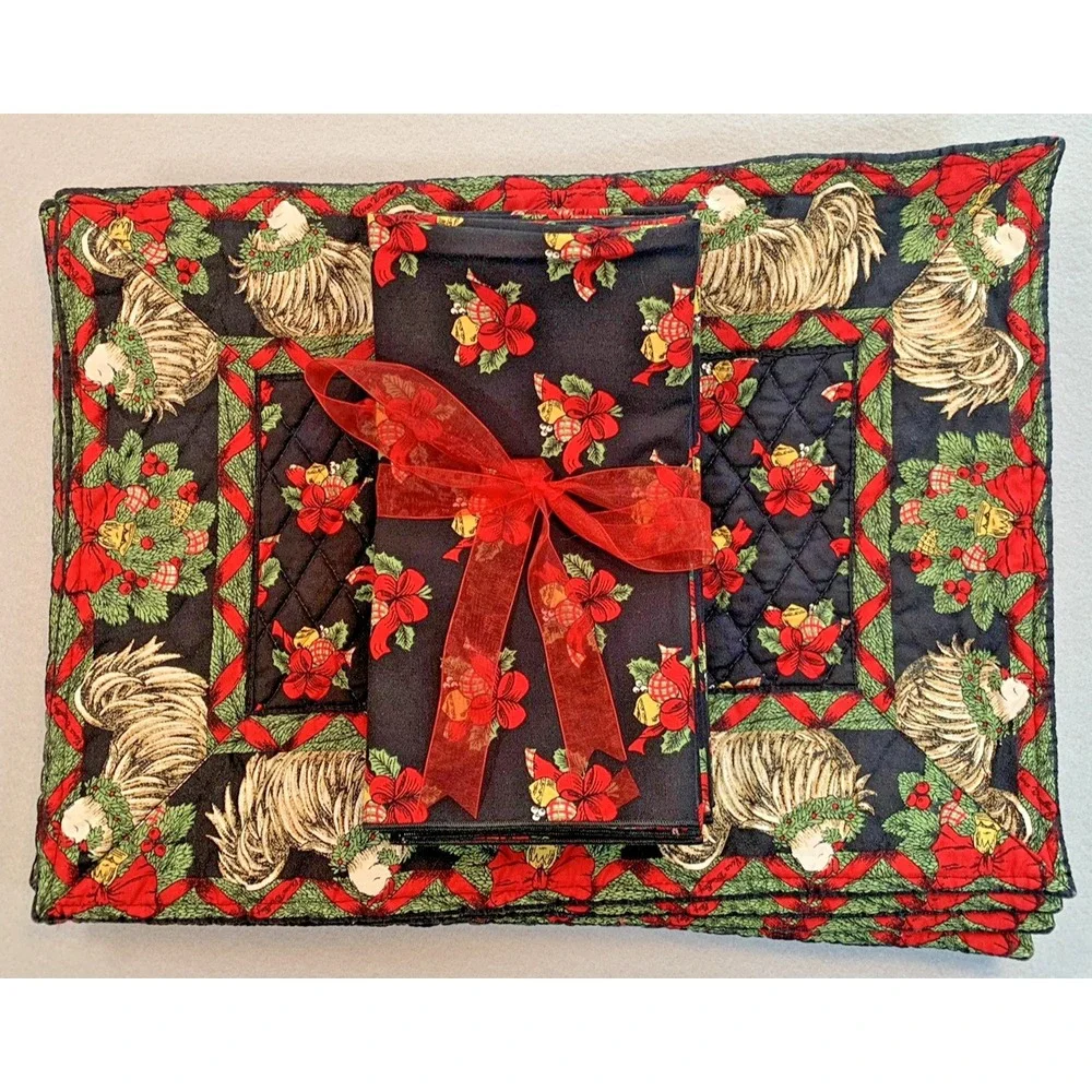 Vera Bradley Retired Christmas Holly Hen Reversible Set 8 Placemats & 8 Napkins